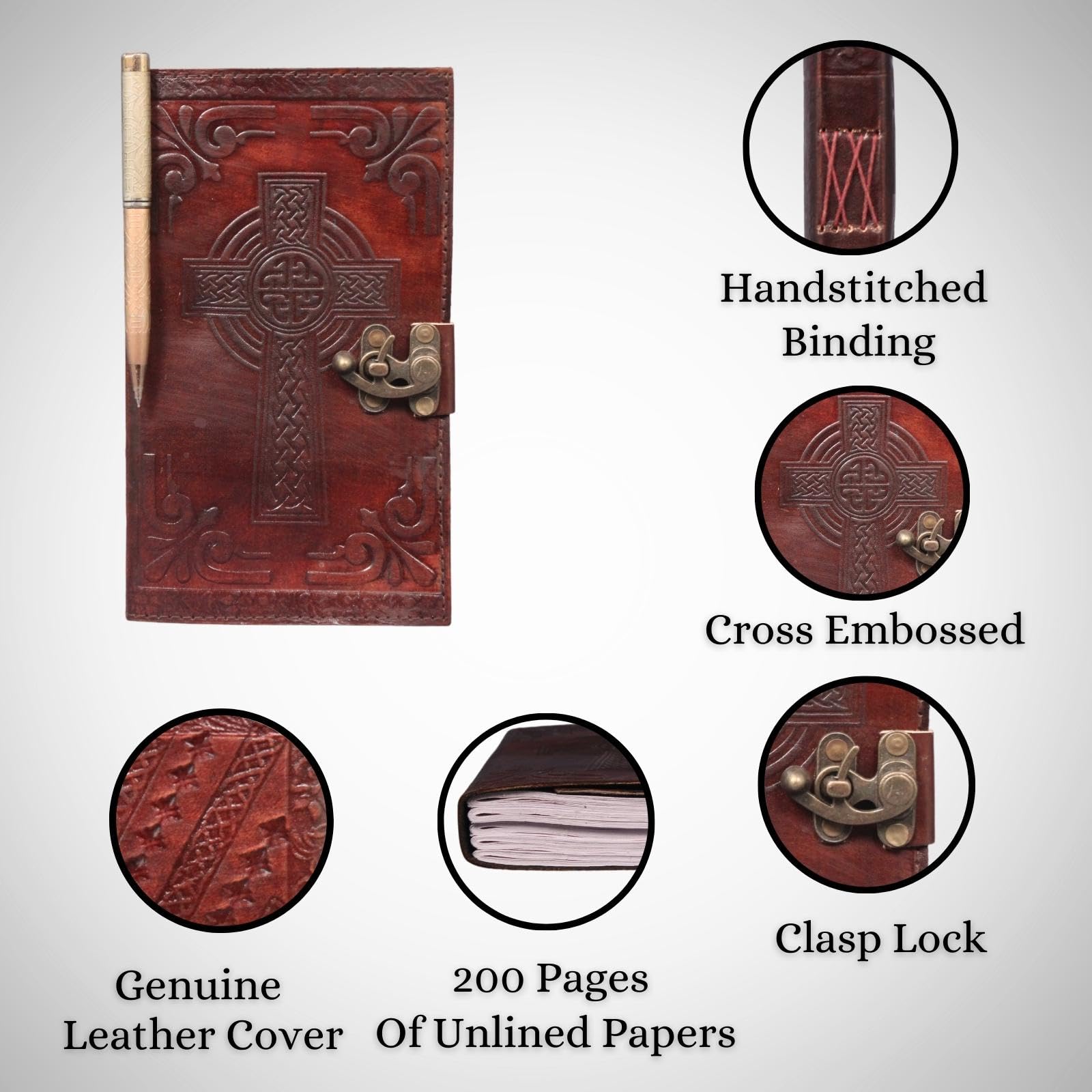 Genuine Leather Bound Journal Grimoire Cross Embossed Notepad Brown Notebook